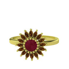 Taşlı Papatya Yüzük - Kök yakut ve dumanlı kuvars 14 ayar altın yüzük #1llepgr