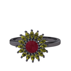 Taşlı Papatya Yüzük - Kök yakut ve peridot 925 ayar siyah rodyum kaplama gümüş yüzük #1nr0fuh