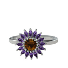 Dumanlı kuvars ve ametist 14 ayar beyaz altın yüzük