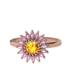 Taşlı Papatya Yüzük - Sitrin ve pembe kuvars 8 ayar rose altın yüzük #1saahgl