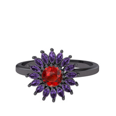 Taşlı Papatya Yüzük - Garnet ve ametist 925 ayar siyah rodyum kaplama gümüş yüzük #1tscj7t