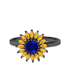 Taşlı Papatya Yüzük - Lab safir ve sitrin 925 ayar siyah rodyum kaplama gümüş yüzük #1tv64n6