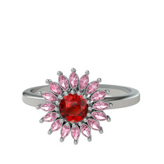 Taşlı Papatya Yüzük - Garnet ve pembe kuvars 18 ayar beyaz altın yüzük #1ulzb60