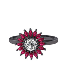 Taşlı Papatya Yüzük - Beyaz zirkon ve rodolit garnet 925 ayar siyah rodyum kaplama gümüş yüzük #1vq4t52