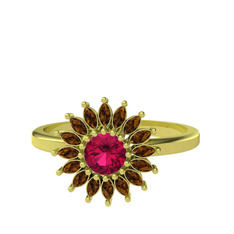 Taşlı Papatya Yüzük - Rodolit garnet ve dumanlı kuvars 14 ayar altın yüzük #1wuqrot