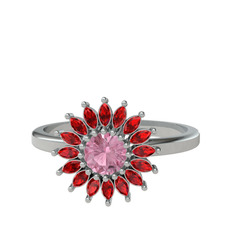 Taşlı Papatya Yüzük - Pembe kuvars ve garnet 8 ayar beyaz altın yüzük #1xjc295