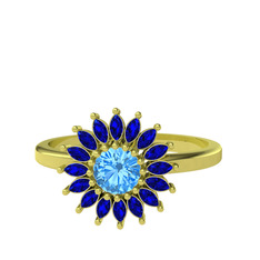 Taşlı Papatya Yüzük - Akuamarin ve lab safir 8 ayar altın yüzük #243h07