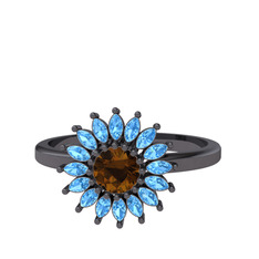 Taşlı Papatya Yüzük - Dumanlı kuvars ve akuamarin 925 ayar siyah rodyum kaplama gümüş yüzük #374vwt