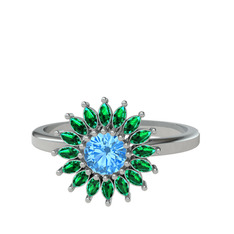 Taşlı Papatya Yüzük - Akuamarin ve yeşil kuvars 14 ayar beyaz altın yüzük #3ayb3j