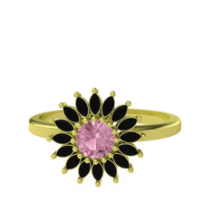 Taşlı Papatya Yüzük - Pembe kuvars ve siyah zirkon 14 ayar altın yüzük #3sp5ke