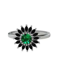 Taşlı Papatya Yüzük - Yeşil kuvars ve siyah zirkon 18 ayar beyaz altın yüzük #3wfckx