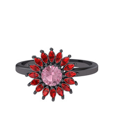 Taşlı Papatya Yüzük - Pembe kuvars ve garnet 925 ayar siyah rodyum kaplama gümüş yüzük #5pjkn9