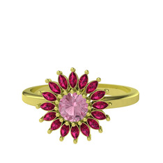 Taşlı Papatya Yüzük - Pembe kuvars ve rodolit garnet 18 ayar altın yüzük #6rrrnh