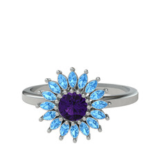 Taşlı Papatya Yüzük - Ametist ve akuamarin 8 ayar beyaz altın yüzük #8upa75