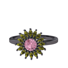 Pembe kuvars ve peridot 925 ayar siyah rodyum kaplama gümüş yüzük