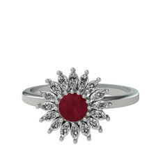 Taşlı Papatya Yüzük - Kök yakut ve swarovski 8 ayar beyaz altın yüzük #cz6df0