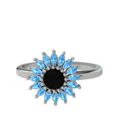 Taşlı Papatya Yüzük - Siyah zirkon ve akuamarin 925 ayar gümüş yüzük #dklhdu
