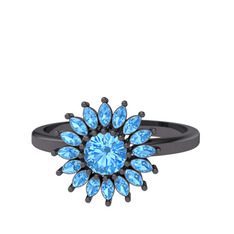 Taşlı Papatya Yüzük - Akuamarin 925 ayar siyah rodyum kaplama gümüş yüzük #ficzut