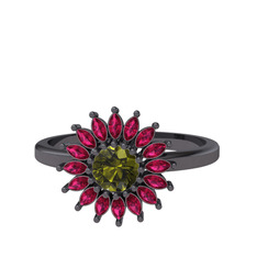 Taşlı Papatya Yüzük - Peridot ve rodolit garnet 925 ayar siyah rodyum kaplama gümüş yüzük #g3zepf