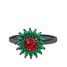 Taşlı Papatya Yüzük - Garnet ve yeşil kuvars 925 ayar siyah rodyum kaplama gümüş yüzük #g6kp1