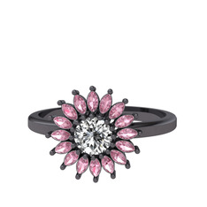 Taşlı Papatya Yüzük - Swarovski ve pembe kuvars 925 ayar siyah rodyum kaplama gümüş yüzük #gnpgl0