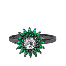 Taşlı Papatya Yüzük - Swarovski ve yeşil kuvars 925 ayar siyah rodyum kaplama gümüş yüzük #h78j0t