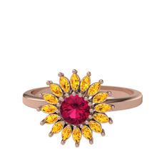 Taşlı Papatya Yüzük - Rodolit garnet ve sitrin 925 ayar rose altın kaplama gümüş yüzük #hlkqgo
