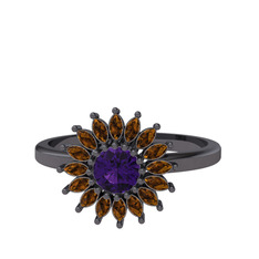 Taşlı Papatya Yüzük - Ametist ve dumanlı kuvars 925 ayar siyah rodyum kaplama gümüş yüzük #hn7pyr