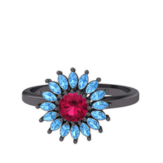 Taşlı Papatya Yüzük - Rodolit garnet ve akuamarin 925 ayar siyah rodyum kaplama gümüş yüzük #hqms8o