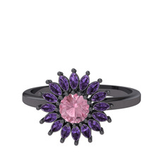 Taşlı Papatya Yüzük - Pembe kuvars ve ametist 925 ayar siyah rodyum kaplama gümüş yüzük #hsc448