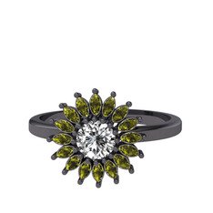 Taşlı Papatya Yüzük - Beyaz zirkon ve peridot 925 ayar siyah rodyum kaplama gümüş yüzük #lme7vy