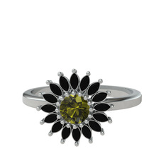 Peridot ve siyah zirkon 8 ayar beyaz altın yüzük