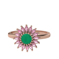 Taşlı Papatya Yüzük - Kök zümrüt ve pembe kuvars 18 ayar rose altın yüzük #mow828