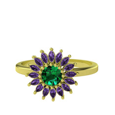 Taşlı Papatya Yüzük - Yeşil kuvars ve ametist 925 ayar altın kaplama gümüş yüzük #n1zwdp
