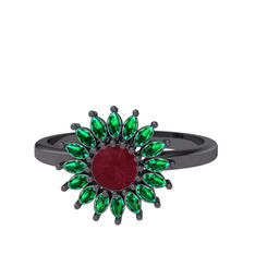 Taşlı Papatya Yüzük - Kök yakut ve yeşil kuvars 925 ayar siyah rodyum kaplama gümüş yüzük #pudfmi