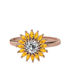 Taşlı Papatya Yüzük - Swarovski ve sitrin 8 ayar rose altın yüzük #r407b6