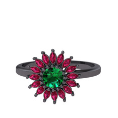 Taşlı Papatya Yüzük - Yeşil kuvars ve rodolit garnet 925 ayar siyah rodyum kaplama gümüş yüzük #s5iom7