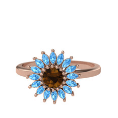 Taşlı Papatya Yüzük - Dumanlı kuvars ve akuamarin 18 ayar rose altın yüzük #s6wfh6