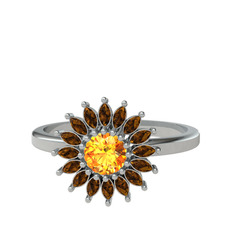 Taşlı Papatya Yüzük - Sitrin ve dumanlı kuvars 14 ayar beyaz altın yüzük #tk2kmt