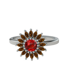 Taşlı Papatya Yüzük - Garnet ve dumanlı kuvars 18 ayar beyaz altın yüzük #tntn3f