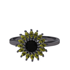 Taşlı Papatya Yüzük - Siyah zirkon ve peridot 925 ayar siyah rodyum kaplama gümüş yüzük #vi8xnq