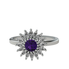 Taşlı Papatya Yüzük - Ametist ve beyaz zirkon 14 ayar beyaz altın yüzük #w7tcen