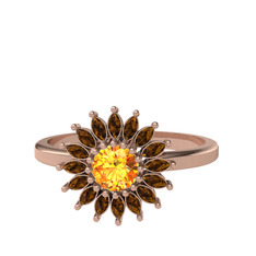 Taşlı Papatya Yüzük - Sitrin ve dumanlı kuvars 925 ayar rose altın kaplama gümüş yüzük #wg22lp
