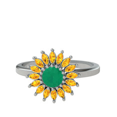 Taşlı Papatya Yüzük - Kök zümrüt ve sitrin 14 ayar beyaz altın yüzük #wn9hz6
