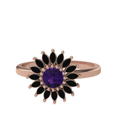 Taşlı Papatya Yüzük - Ametist ve siyah zirkon 925 ayar rose altın kaplama gümüş yüzük #y5itri