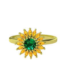 Taşlı Papatya Yüzük - Yeşil kuvars ve sitrin 14 ayar altın yüzük #yvxp3h