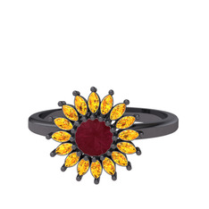 Taşlı Papatya Yüzük - Kök yakut ve sitrin 925 ayar siyah rodyum kaplama gümüş yüzük #zh96lk