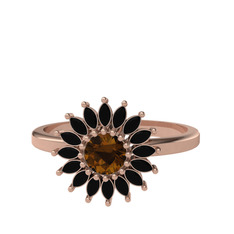 Taşlı Papatya Yüzük - Dumanlı kuvars ve siyah zirkon 925 ayar rose altın kaplama gümüş yüzük #zx87la