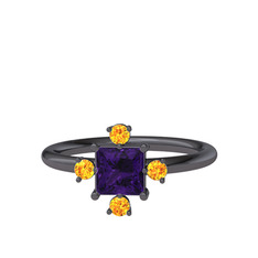 Earla Yüzük - Ametist ve sitrin 925 ayar siyah rodyum kaplama gümüş yüzük #1kaok8l