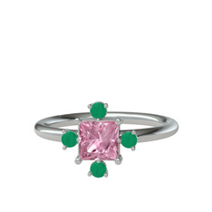 Earla Yüzük - Pembe kuvars ve kök zümrüt 14 ayar beyaz altın yüzük #8scy7n